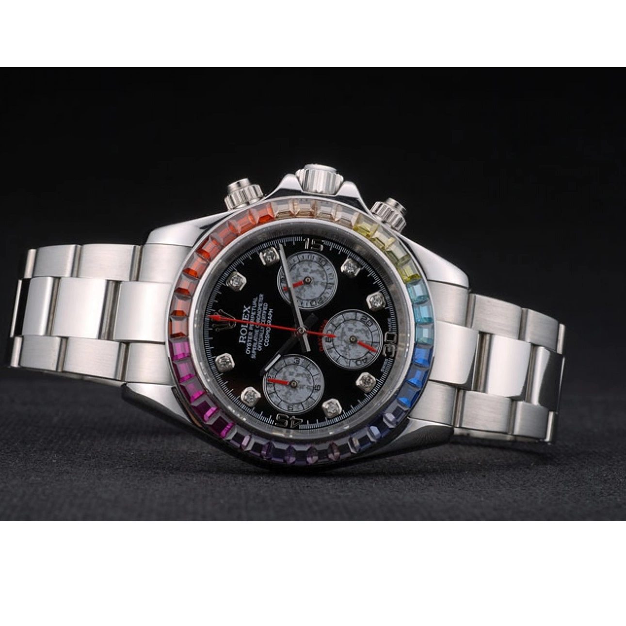 Aaa replica Rainbow 80250 Black Rolex Steep Stainless Cosmograph Dial Strap Bezel Daytona Crystals 0628